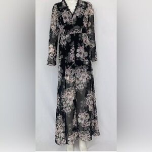 New Forever 21 Long Robe Dress Floral Black & Pink Rose Print, Open Back, Sz S